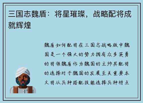 三国志魏盾：将星璀璨，战略配将成就辉煌